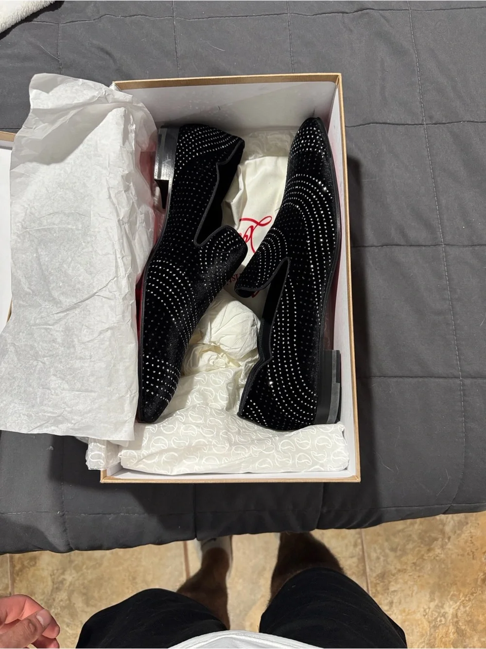 Christian Louboutin Black Suede Crystal-Stud Slip-On Loafers with Red Sole